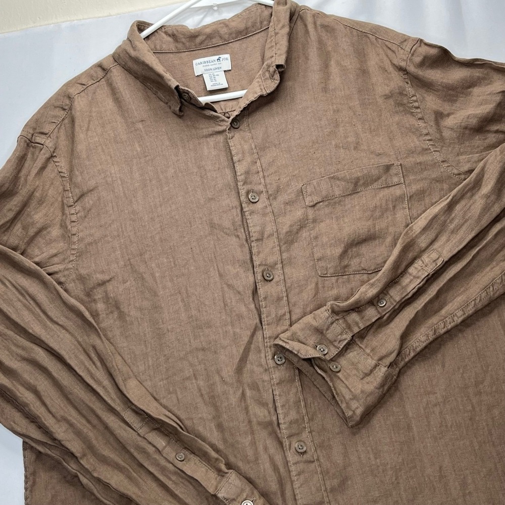 Caribbean Joe Shirt Mens XL Brown 100% Linen LongSleeve Button Down Solid Pocket